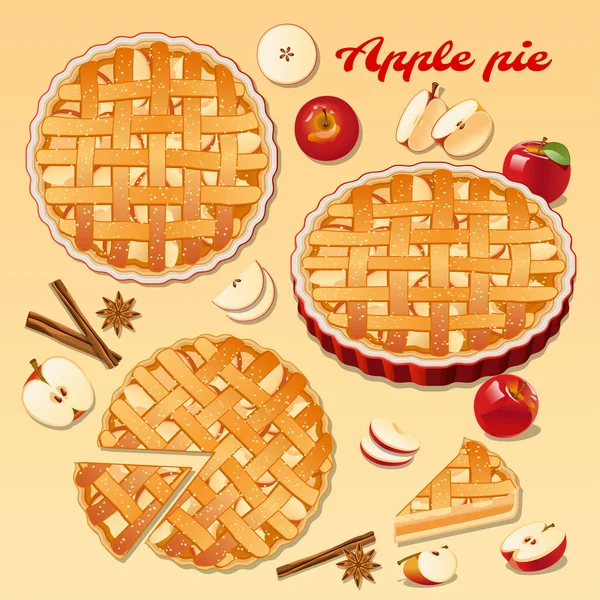 Drawing Apple Pie Piece Apple Pie Apples Cinnamon Sticks Cinnamon — Stock Vector