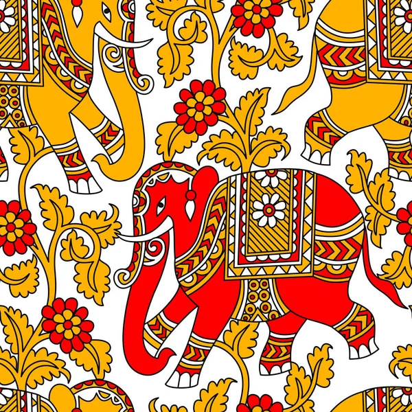 Stile Sfondo Kalamkari Elefanti India — Vettoriale Stock