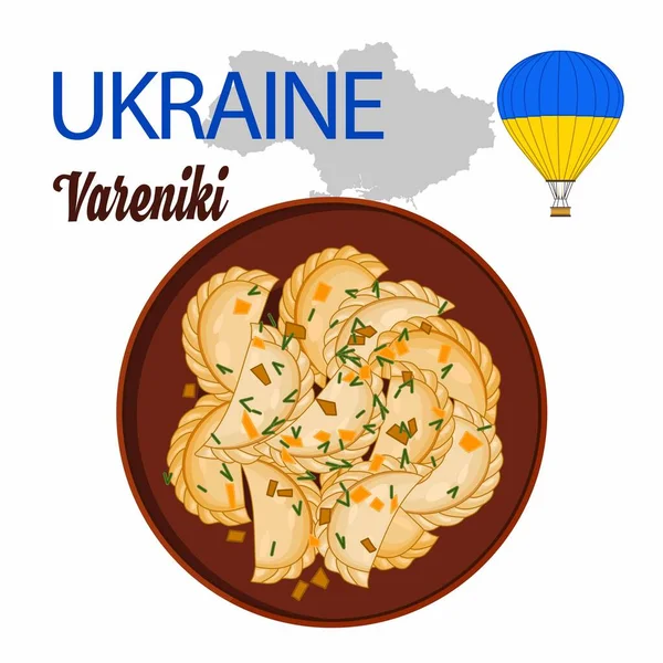 National Ukrainian food, dumplings. Stuffed dough. Decoration for the menu. Vector image.