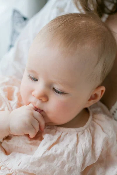 Happy Young Mother Holds Her Little Daughter Months Old Her — Stock Photo, Image