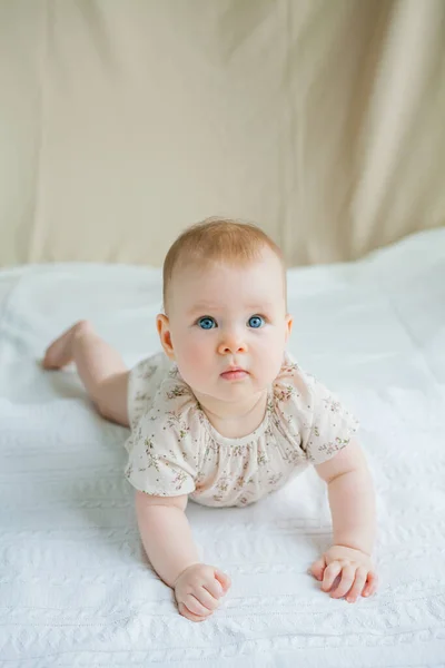 Ένα Χαριτωμένο Κοριτσάκι Μηνών Ξαπλώνει Μπρούμυτα Στο Κρεβάτι Στο Σπίτι — Φωτογραφία Αρχείου