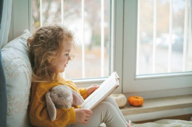 Örgü kazaklı tatlı kıvırcık saçlı bir kız pencerenin önünde kitap okuyor. Rahat bir ev. Ilık sonbahar. Ruh hali.