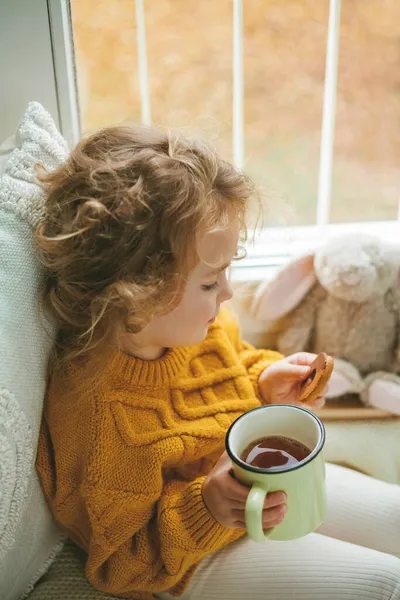 Pequeña linda chica de pelo rizado en jersey de punto es beber té y comer galletas en frente de la ventana. Acogedora casa. Otoño cálido. — Foto de Stock