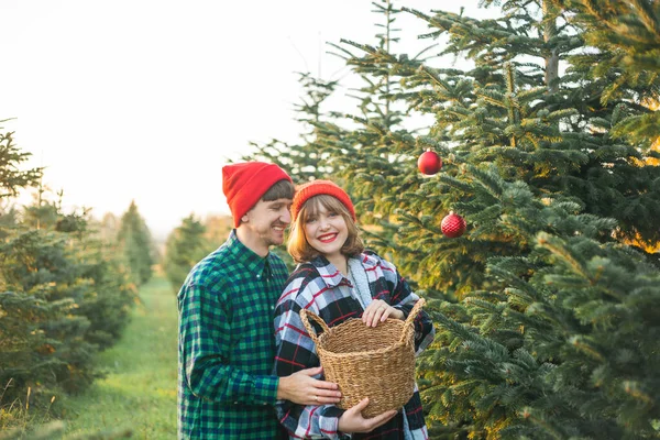 Til Jul Lykkelig Ungt Par Røde Hatter Gensere Pynter Juletreet – stockfoto