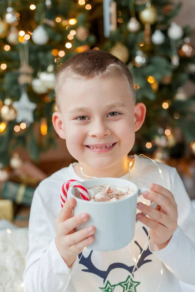 穿着节日睡衣的可爱的6岁男孩坐在圣诞树旁 手里拿着一大杯热可可 上面装饰着棉花糖和棒棒糖 寒假农历新年 — 图库照片