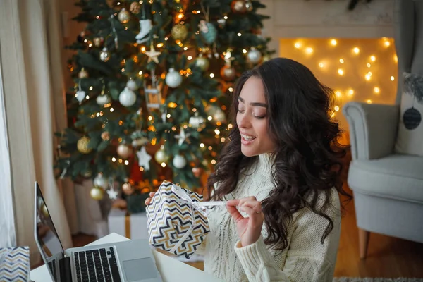 Happy Young Dark Haired Curly Woman Light Knitted Sweater Prepares — Foto Stock