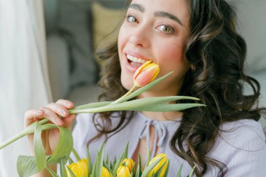 İlkbahar portresi, güzel, koyu renk kıvırcık saçlı, leylak elbiseli bir kadın. Evde büyük bir buket lale var. Duygusal model elinde çiçekleri tutuyor. Kadınlar Günü. Hediye. Anneler Günü.