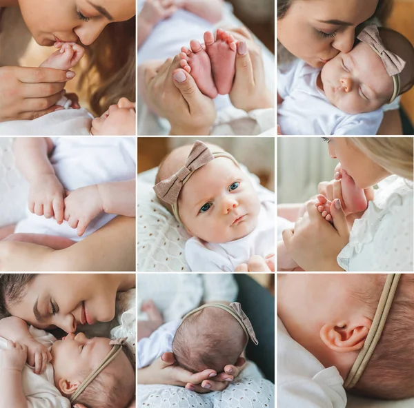 Mladá krásná matka s modrýma očima drží svou novorozenou dcerku v náručí. Mateřství. Opatrně. Baby. — Stock fotografie