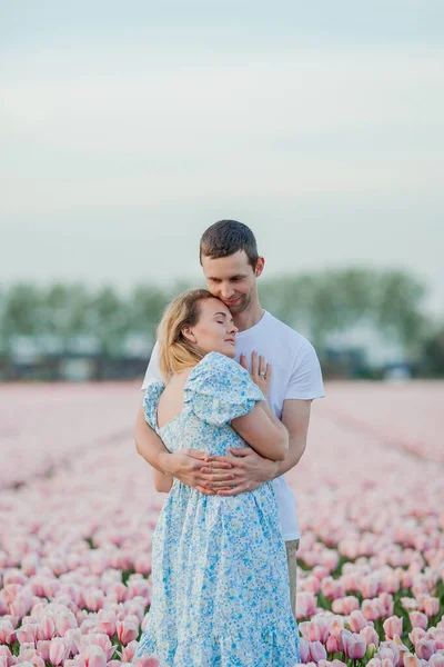 オランダの日没時にピンクのチューリップの畑に抱きつく若い美しいカップル ロマンチックだ — ストック写真