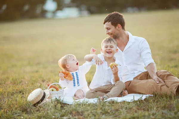 美しいお父さんと彼の2人の小さな子供たちは フィールドの夏の夜にピクニックで男の子と女の子を軽い自然服に身を包んだ 幸せな子育て — ストック写真