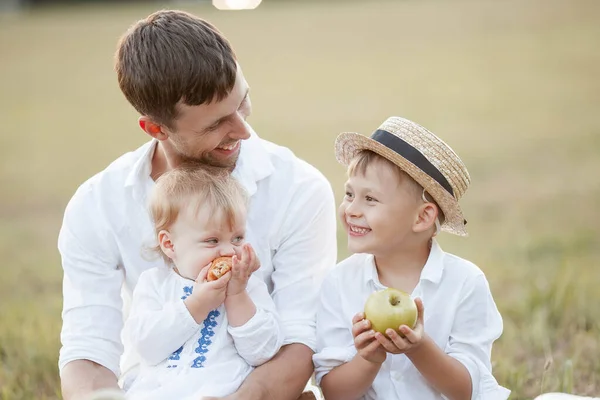 美しいお父さんと彼の2人の小さな子供たちは フィールドの夏の夜にピクニックで男の子と女の子を軽い自然服に身を包んだ 幸せな子育て — ストック写真