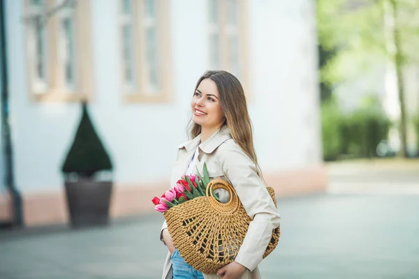 Spring Portrait Young Beautiful Happy Woman Years Old Long Well — Stockfoto