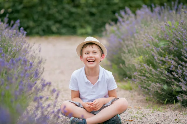 Happy Cute Fair Haired Boy Years Old Wicker Hat Blooming — Stock fotografie