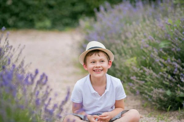 Boldog Aranyos Szőke Fiú Éves Fonott Kalapban Közel Virágzó Levendulához — Stock Fotó