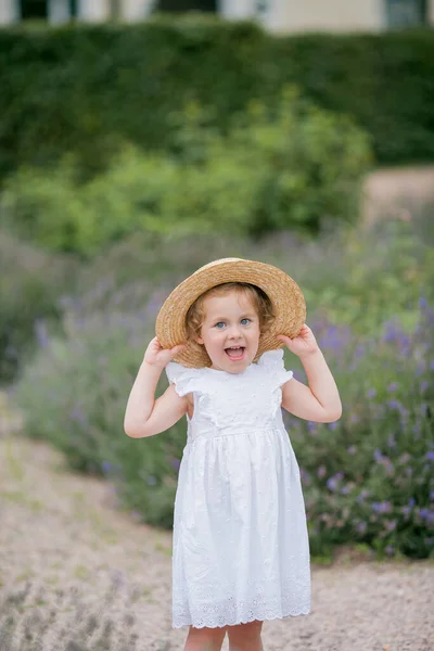 Portrait Cute Little Curly Blue Eyed Girl Years Old Wicker —  Fotos de Stock