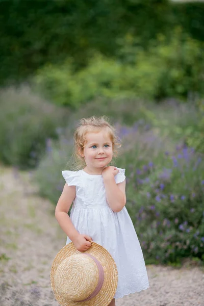 Portrait Cute Little Curly Blue Eyed Girl Years Old Wicker — Stock Photo, Image