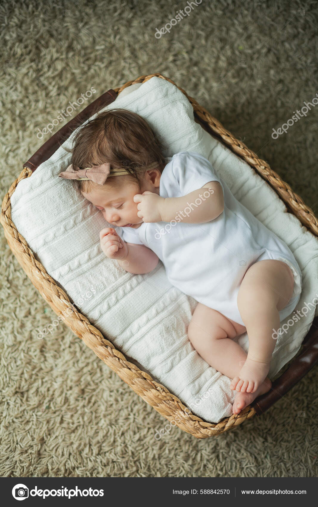 Close Portrait Cute Baby Months Old Girl White Clothes Wicker