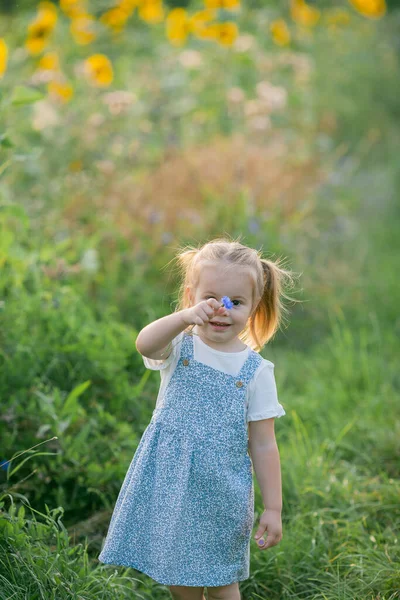 Happy Little Girl Years Old Sunflower Field Sun Cute Child —  Fotos de Stock