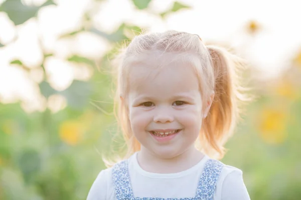 Happy Little Girl Years Old Sunflower Field Sun Cute Child — Stock Fotó