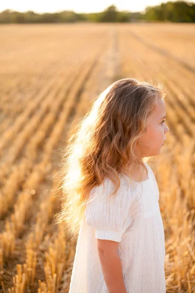 Adorable Little Curly Girl Years Old White Dress Sun Sunset —  Fotos de Stock