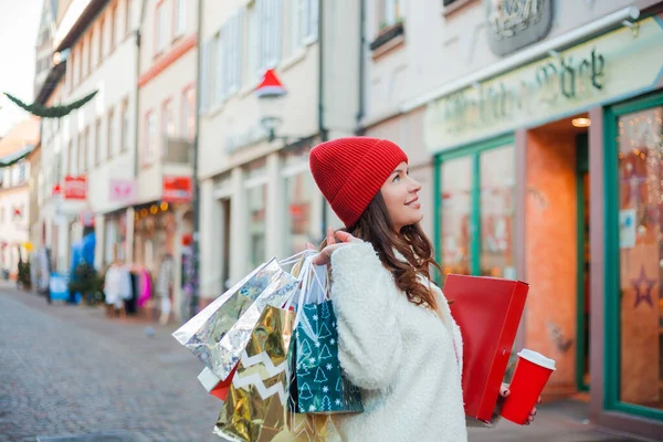 Happy Young Blue Eyed Woman Doing Christmas Shopping Center European — Foto de Stock