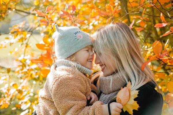 Mutlu anne ve kız sonbahar parkında yürüyorlar. Sıcak kıyafetler içinde güzel bir aile..