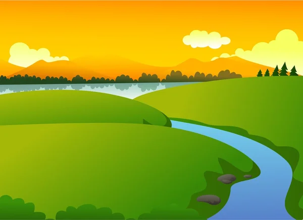 Hermosa naturaleza verde con lago y montaña al atardecer — Vector de stock