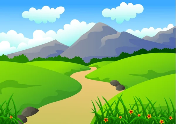 Hermoso paisaje con montaña, hierba y colinas — Vector de stock