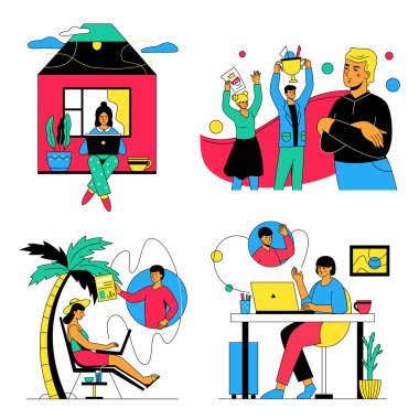 Uzak takım çalışması - renkli düz tasarım çizimleri