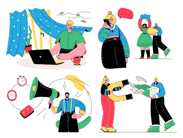Lavoro e comunicazione - illustrazione di design piatto colorato con personaggi alla moda — Vettoriale Stock