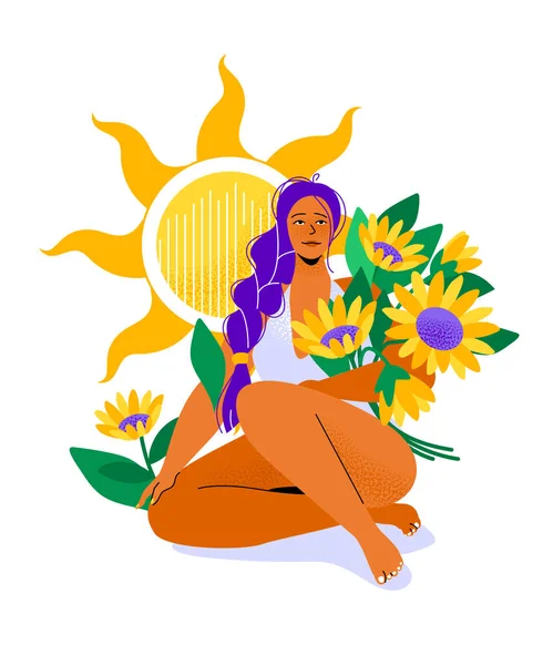 Dívka s kyticí - barevný plochý design styl ilustrace — Stockový vektor