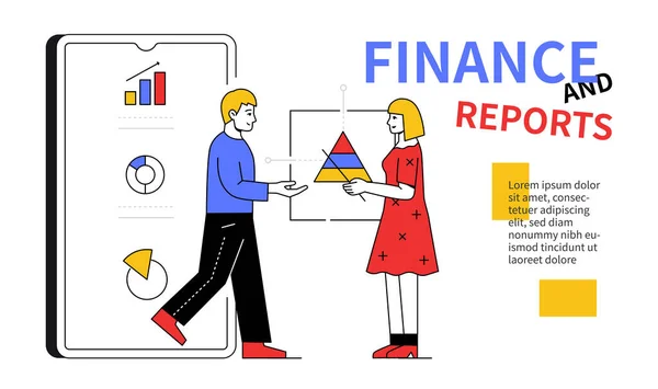 Financiën en rapporten - line design stijl webbanner — Stockvector