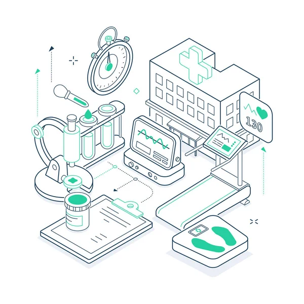 การดูแลสุขภาพ ภาพบรรทัดสีเขียวและสีดํา isometric — ภาพเวกเตอร์สต็อก