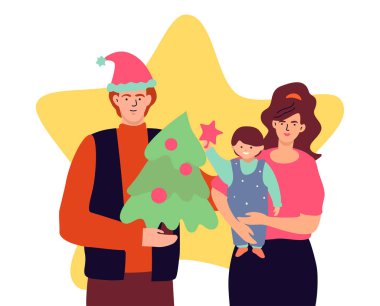 Noel ağacında mutlu bir aile - renkli düz tasarım çizimi