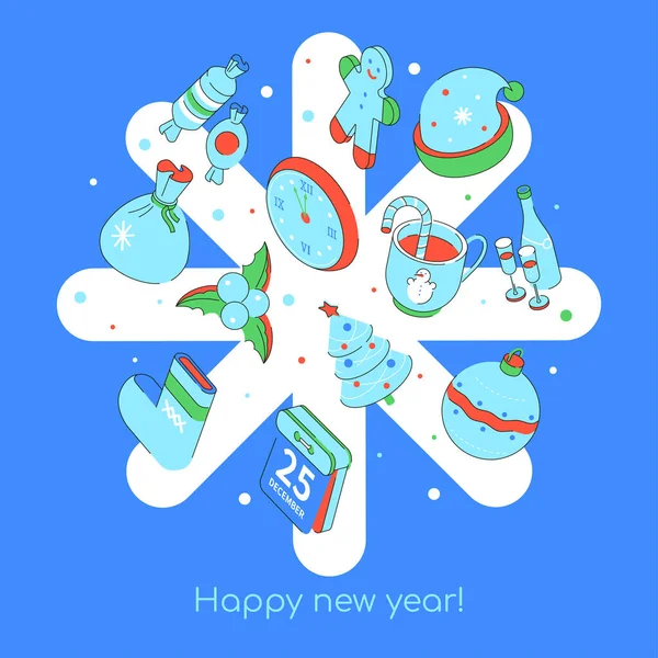 สุขสันต์วันปีใหม่ รูปแบบไอโซเมตริกสีสันสดใสสมัยใหม่ — ภาพเวกเตอร์สต็อก