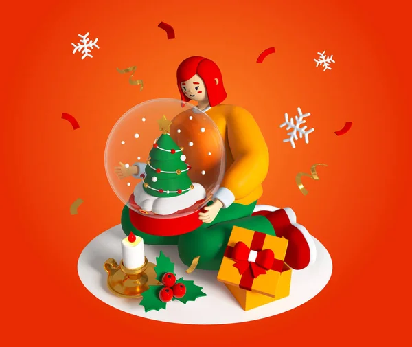 Открытие рождественских подарков - красочная трехмерная иллюстрация с персонажем мультфильма — стоковое фото