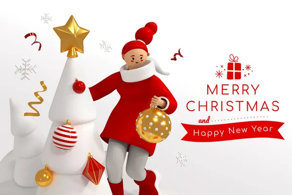 Merry Christmas - colorful 3D style illustration with cartoon character — Stock Photo, Image