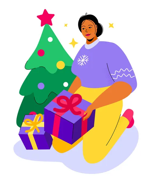 Embalagem de um presente de Natal - ilustração de estilo de design plano colorido —  Vetores de Stock