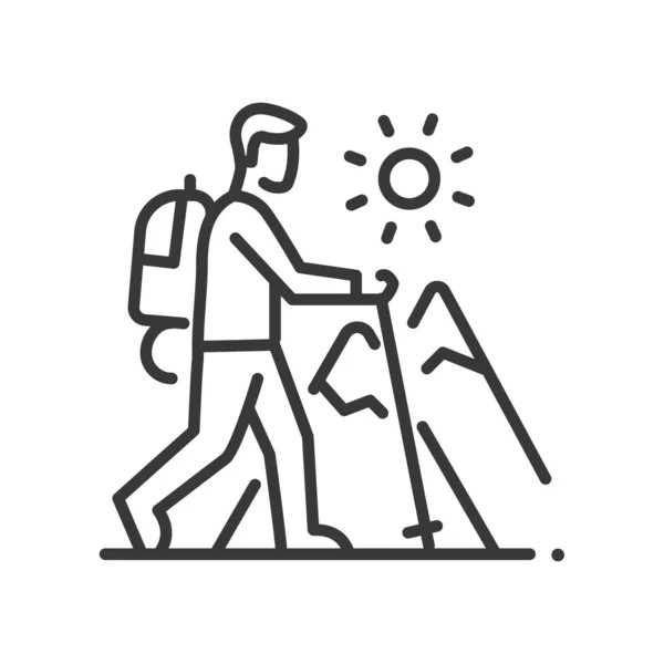 Turismo de montaña - diseño de línea vectorial único icono aislado — Vector de stock