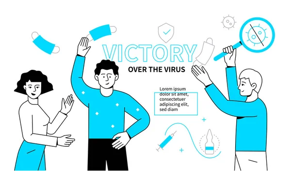 Victoria sobre el virus - cartel de diseño plano colorido — Vector de stock