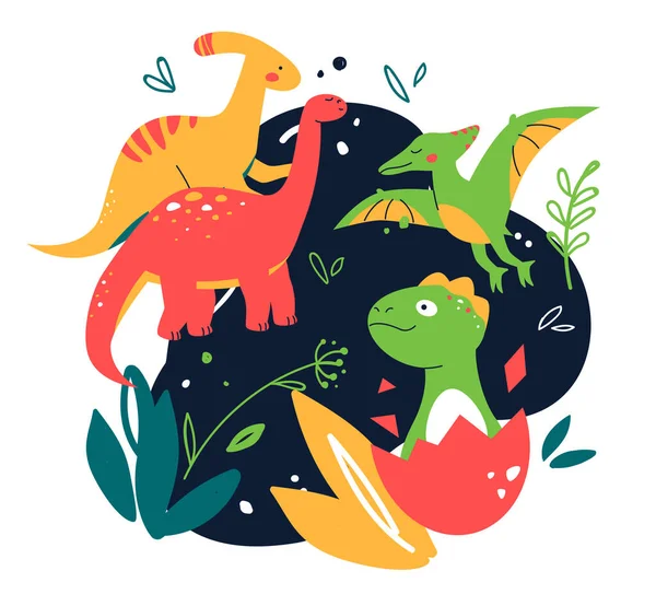 Dinosaures drôles - illustration colorée de style design plat — Image vectorielle