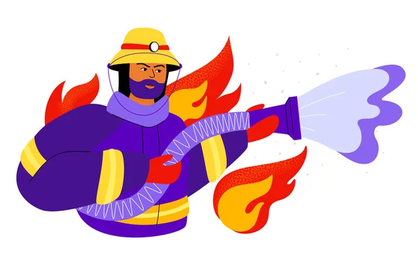 Tűzoltó oltja a tüzet - színes lapos design stílus illusztráció — Stock Vector