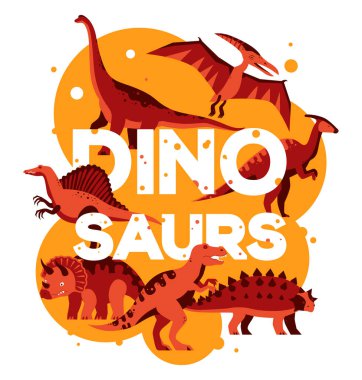 Farklı dinozorlar - düz tasarım turuncu çizim
