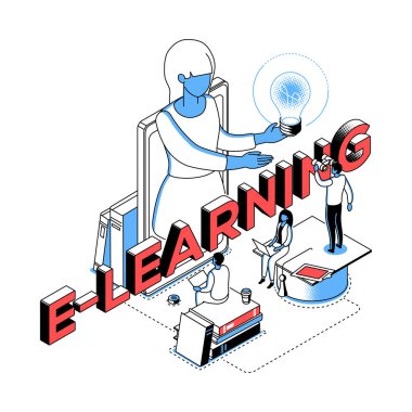 E-öğrenme konsepti - modern çizgi izometri tasarım tarzı çizimi