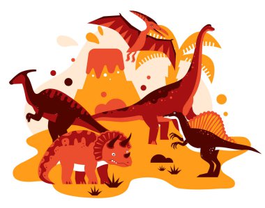 Farklı dinozorlar - düz tasarım turuncu çizim