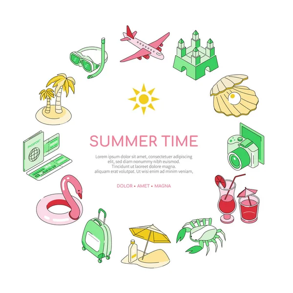 Літній час - сучасний ізометричний барвистий банер з іконками — стоковий вектор