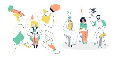 Yanmış ve psikolojik destek - renkli düz tasarım tasarım çizimi