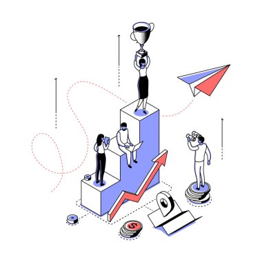 Başarı ve zafer - modern çizgi izometri tasarım stili illüstrasyonu