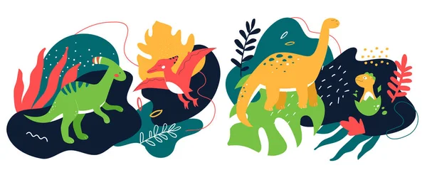 Różne dinozaury - płaski design styl kolorowe ilustracja — Wektor stockowy