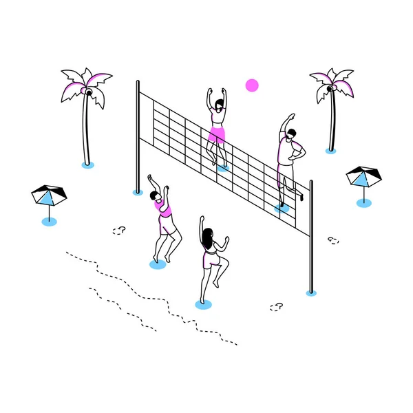 Voleibol playa - línea moderna isometría diseño estilo ilustración — Vector de stock